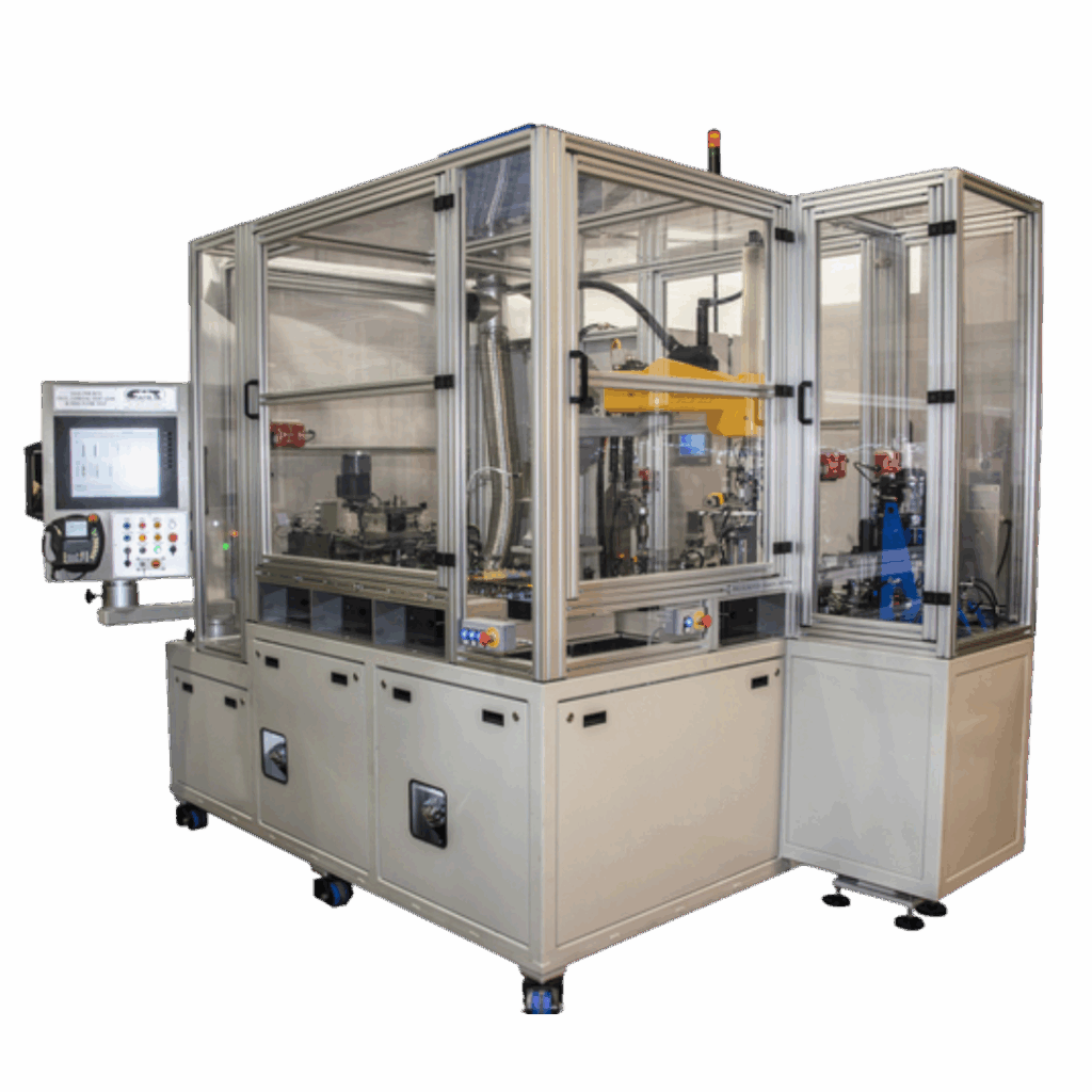 Automated NCV diesel injector assembly machine performing build, leak, and pressure testing operations.