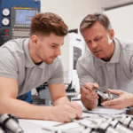 Two engineers reviewing components in a factory environment