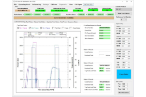 Custom automated test program showing pressure curves, leak rate analysis, serial traceability, and pass/fail performance data.