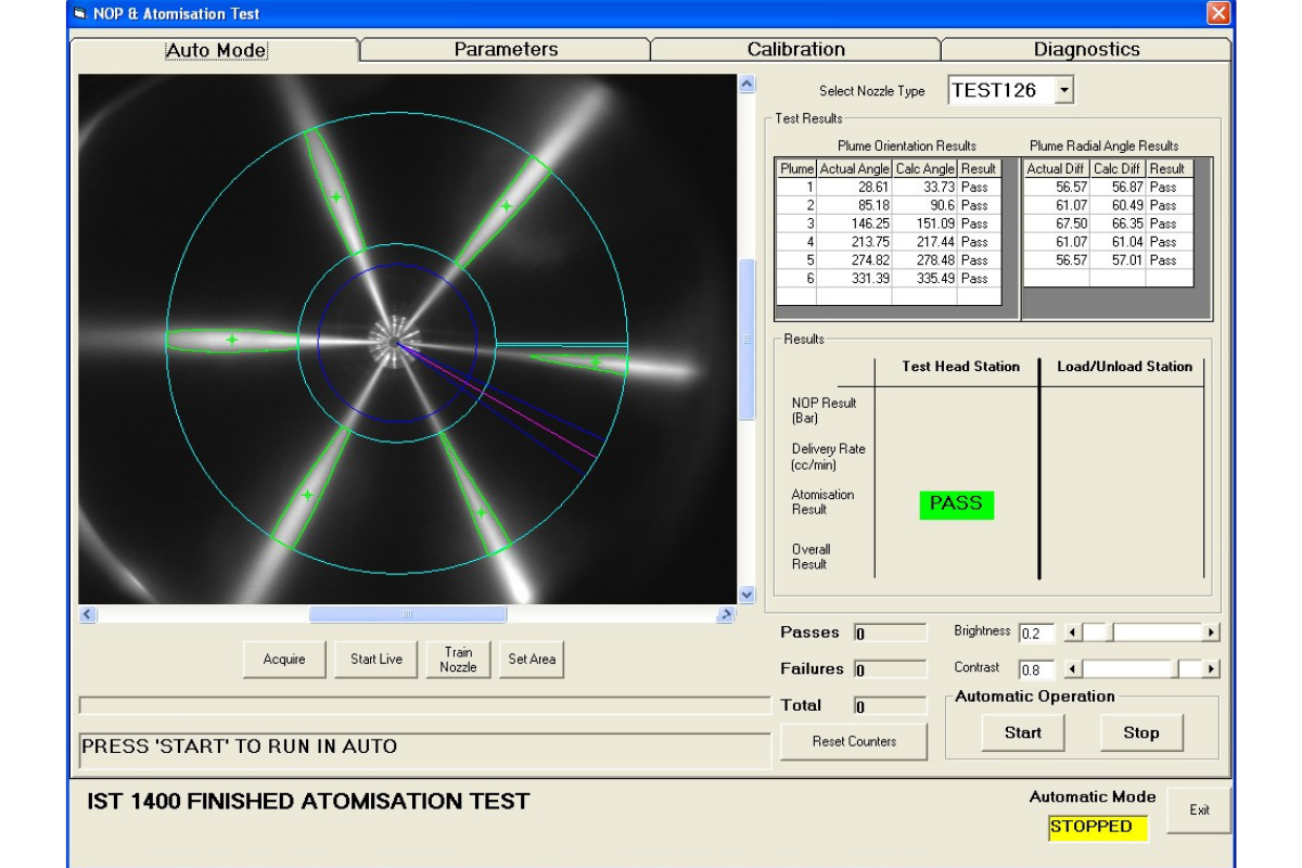 Nozzle opening pressure and atomisation test using automated vision inspection and pressure analysis
