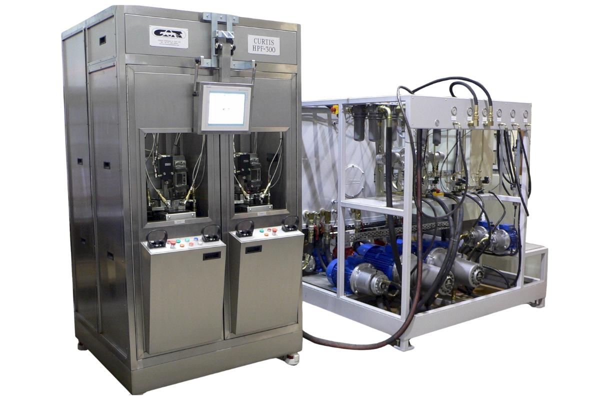 High pressure component flushing system with pumps filtration and fluid control