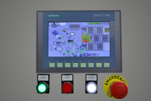 Industrial HMI control interface with touchscreen and operator controls