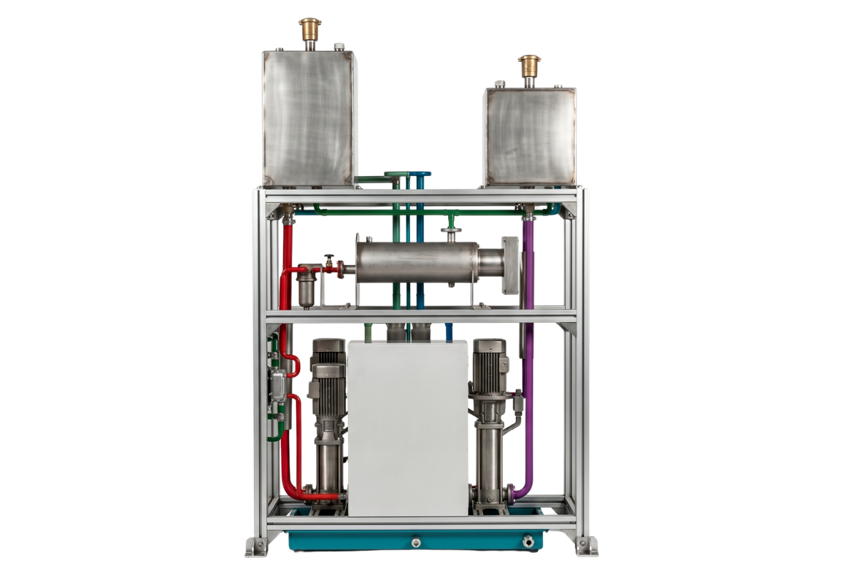 Special purpose conditioning unit with dual tanks, stainless steel frame, pumps, and fluid temperature control system