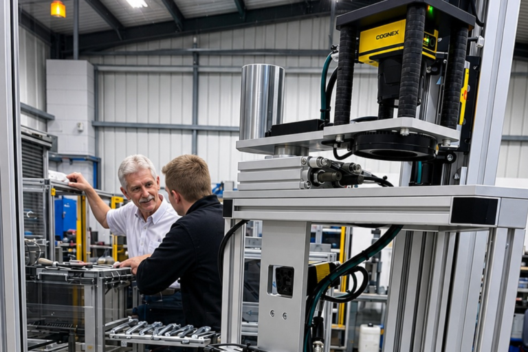 Two Curtis Assemble & Test engineers collaborating on the factory floor, discussing a bespoke automation machine integrated with a Cognex vision system.